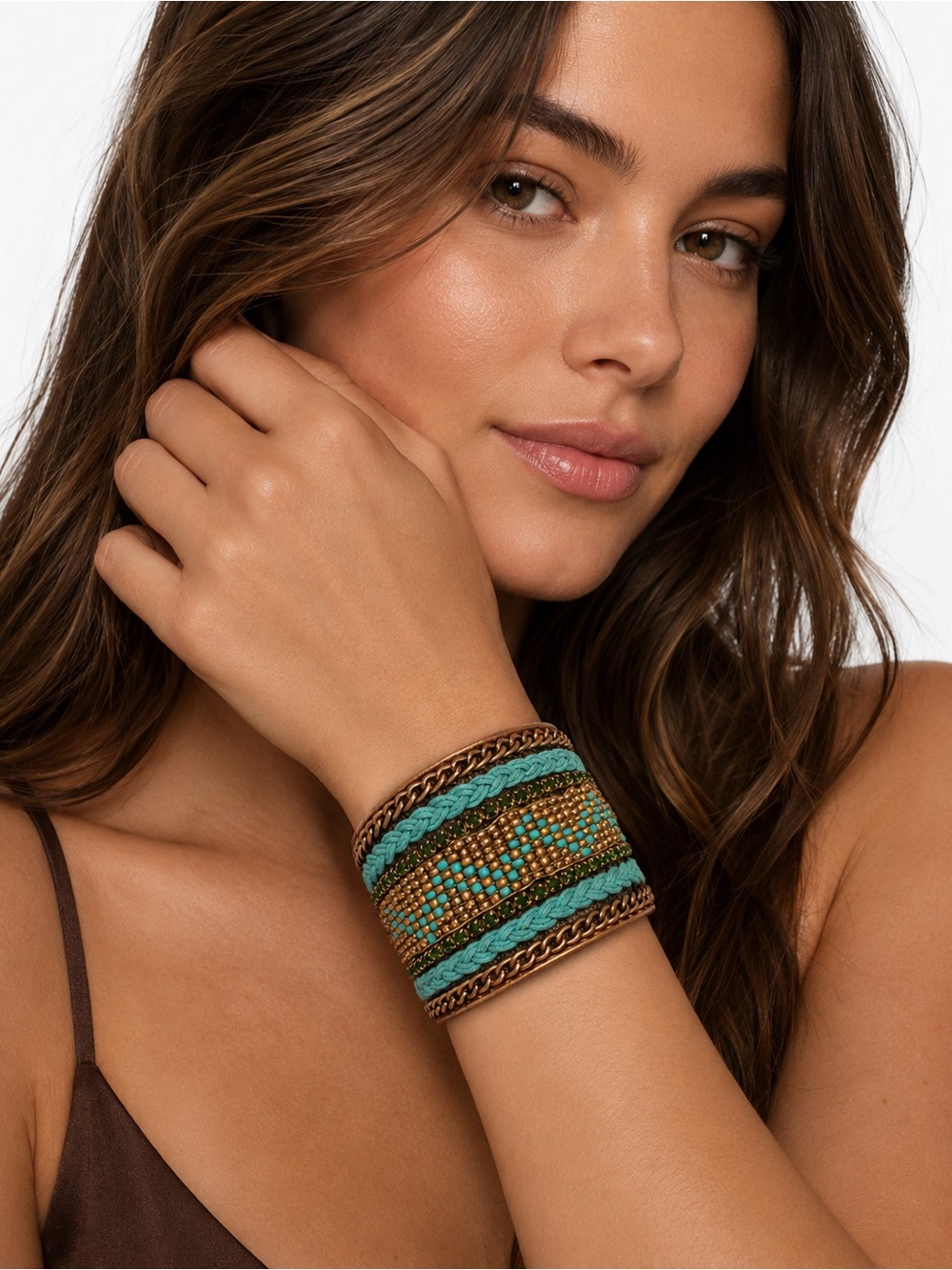 Turquoise and Brass Beaded Boho Artsy Statement Cuff Bracelet - Women Jewelry